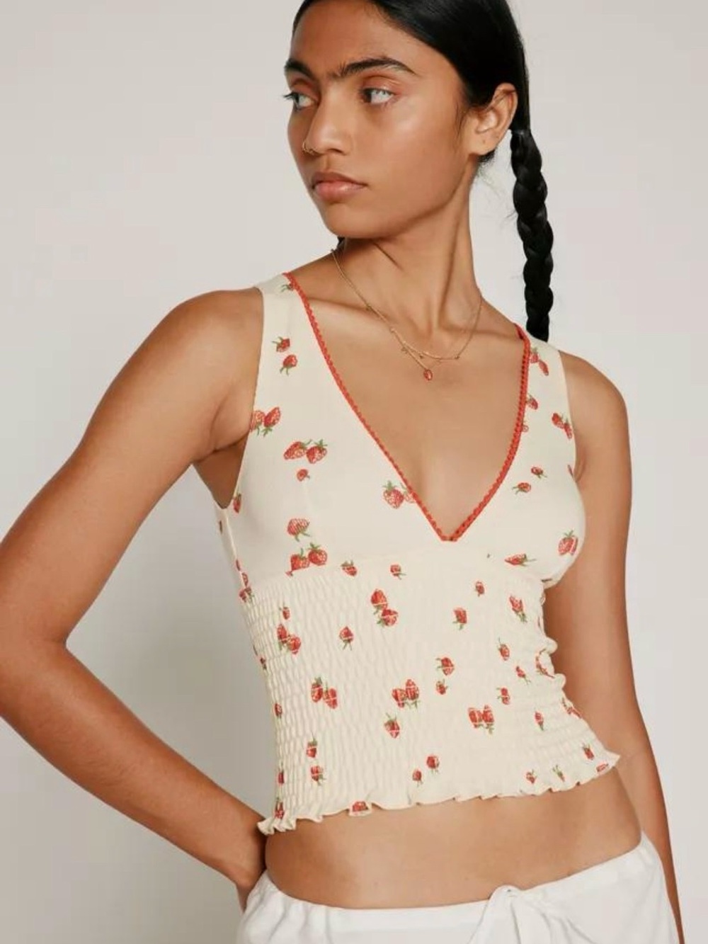 Kimchi Blue from Urban Outfitters Strawberry V-Neck Smocked Tank w Red Trim